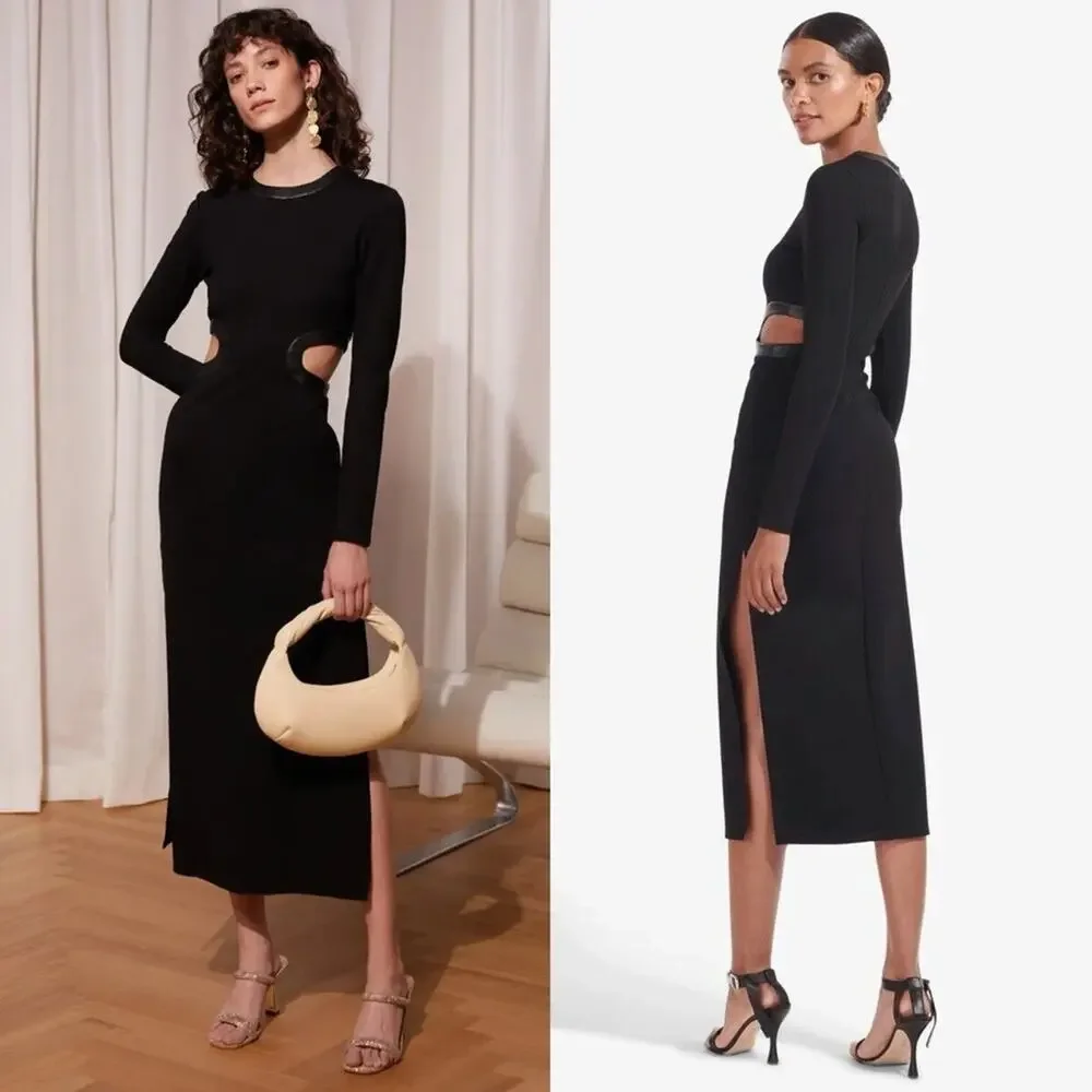 staud long sleeve dolce dress NWT Staud Dolce Cut-Out Long Sleeve Midi Dress Size M Black